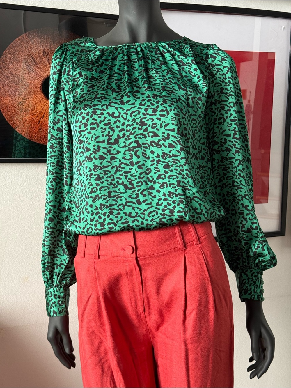 Emerald Green Leopard-Print Long-Sleeve Blouse - Women's Top